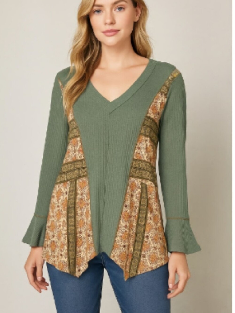 BiBi Boho Patchwork Waffle Knit Top Green Floral Long Sleeve Women’s Size M